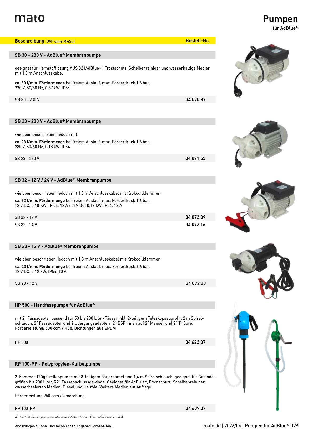 MATO-Katalog: Pumpen für AdBlue® für AdBlue