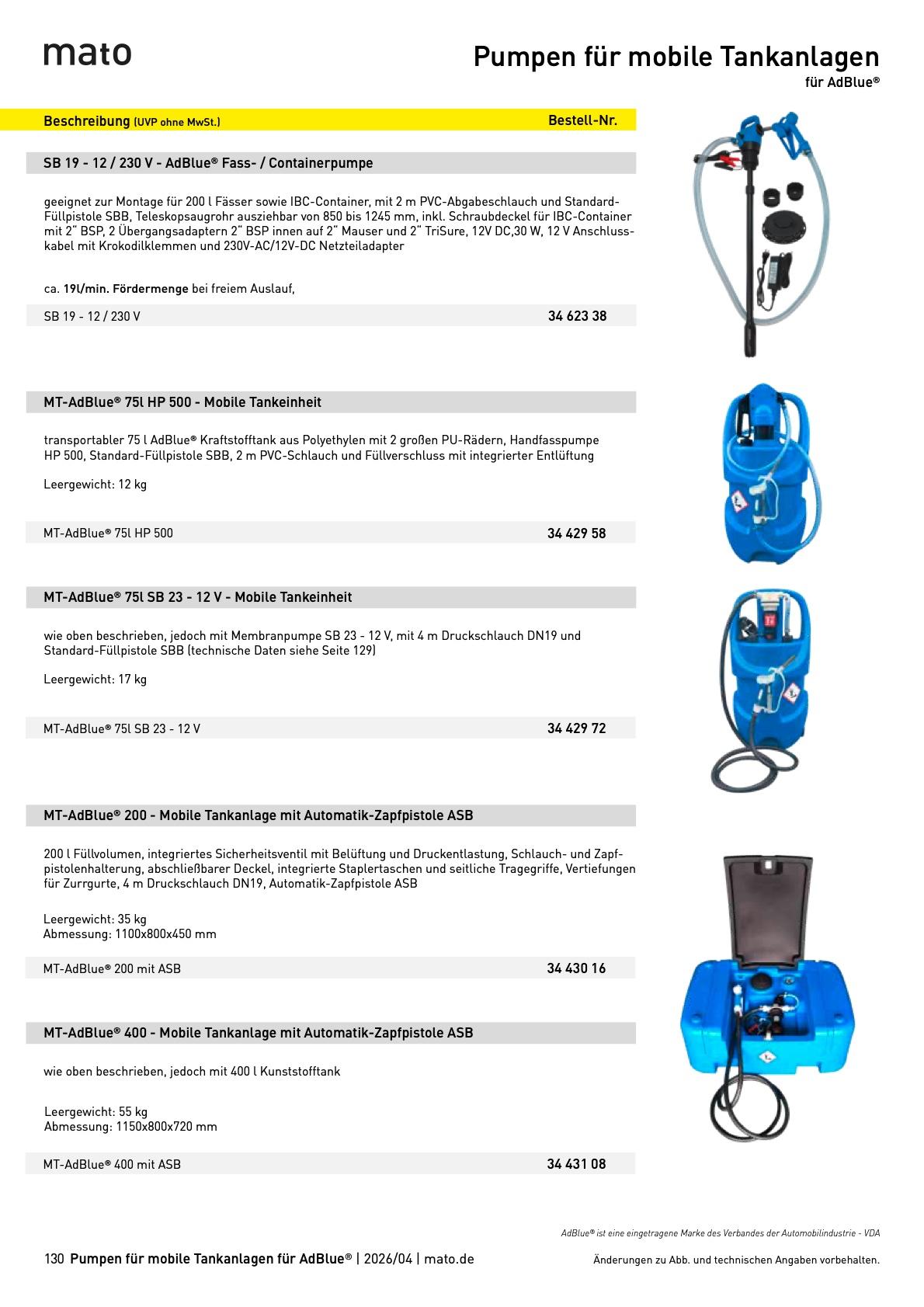 MATO-Katalog: Mobile Tankanlagen für AdBlue