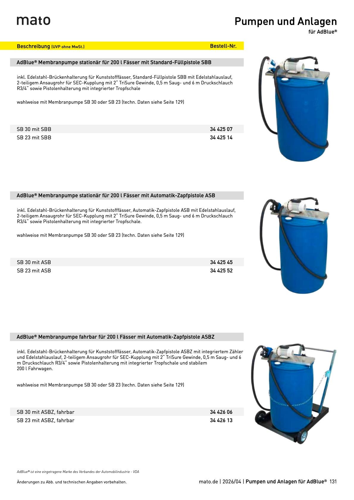 MATO-Katalog: Fasspumpen-Anlagen für AdBlue
