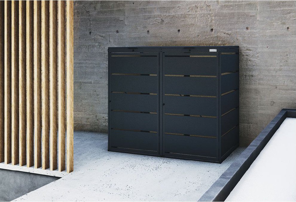 Prima BOX 2er-Mülltonnenbox in Anthrazit vor einer modernen Holzfassade