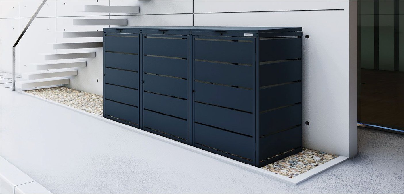 Prima BOX Mülltonnenbox-Anlage in Anthrazit neben einer Außentreppe