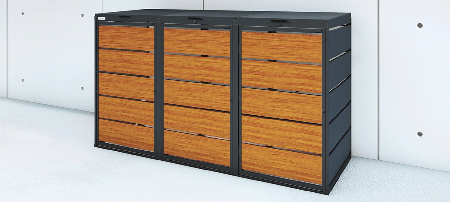 Prima BOX Color 3er-Mülltonnenbox mit Holzdekor Goldene Eiche und anthrazitfarbenem Rahmen